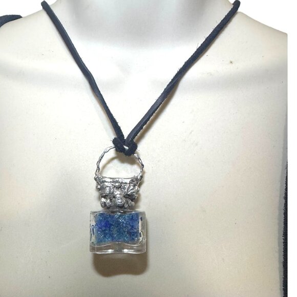 Repurposed VINTG Perfume Glass Bottle Pendant Necklace w Rustic Silver Metalwork - Picture 4 of 15